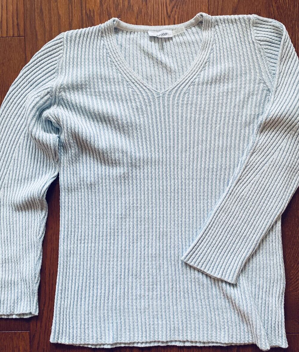 Calvin Klein Women Light Blue Long Sleeve V Neck Pullover Sweater Size Large
